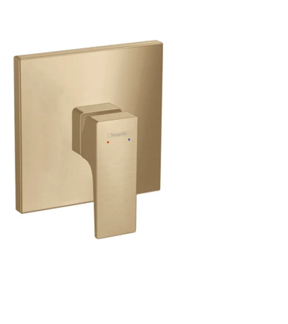 Hansgrohe Einhebel-Brausemischer in Brushed Bronze mit quadratischer Unterputzplatte und Hebelgriff. Heizkörper mit blauem und rotem Farbindikator für Temperatur.